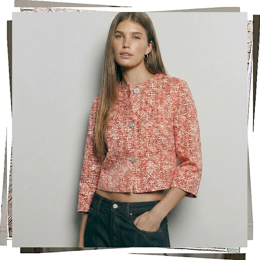 Vintage 2003 Patterned Silk Blend Jacket w/ Mandarin Collar  (2) by Sigrid Olsen